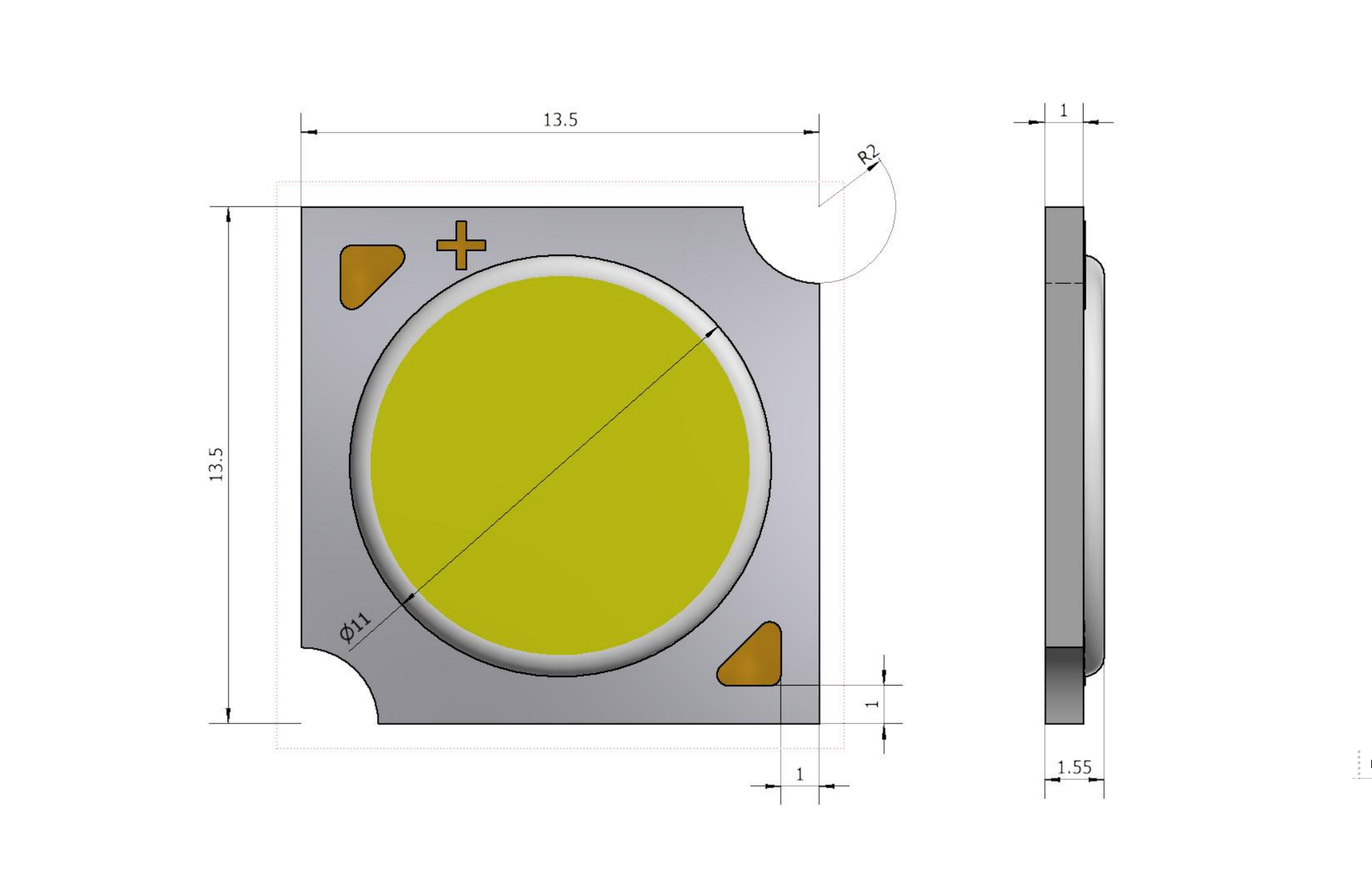 1414 COB LED package dimension drawing showing 13.5 mm substrate and 11 mm LES