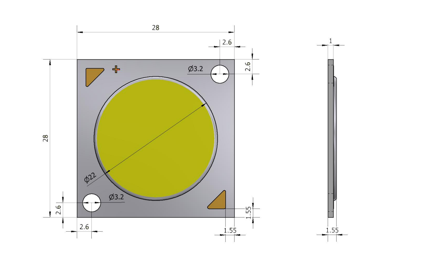 2828 COB LED package dimension drawing showing 28 mm substrate and 22 mm LES