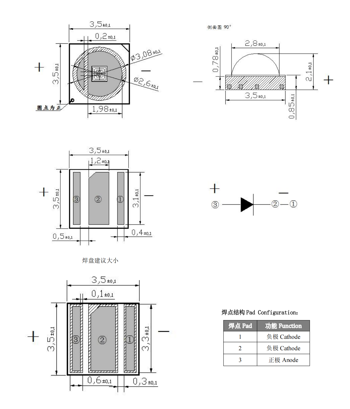 KINGBRIGHT 3535 SMD LED package dimensions and solder pad drawing